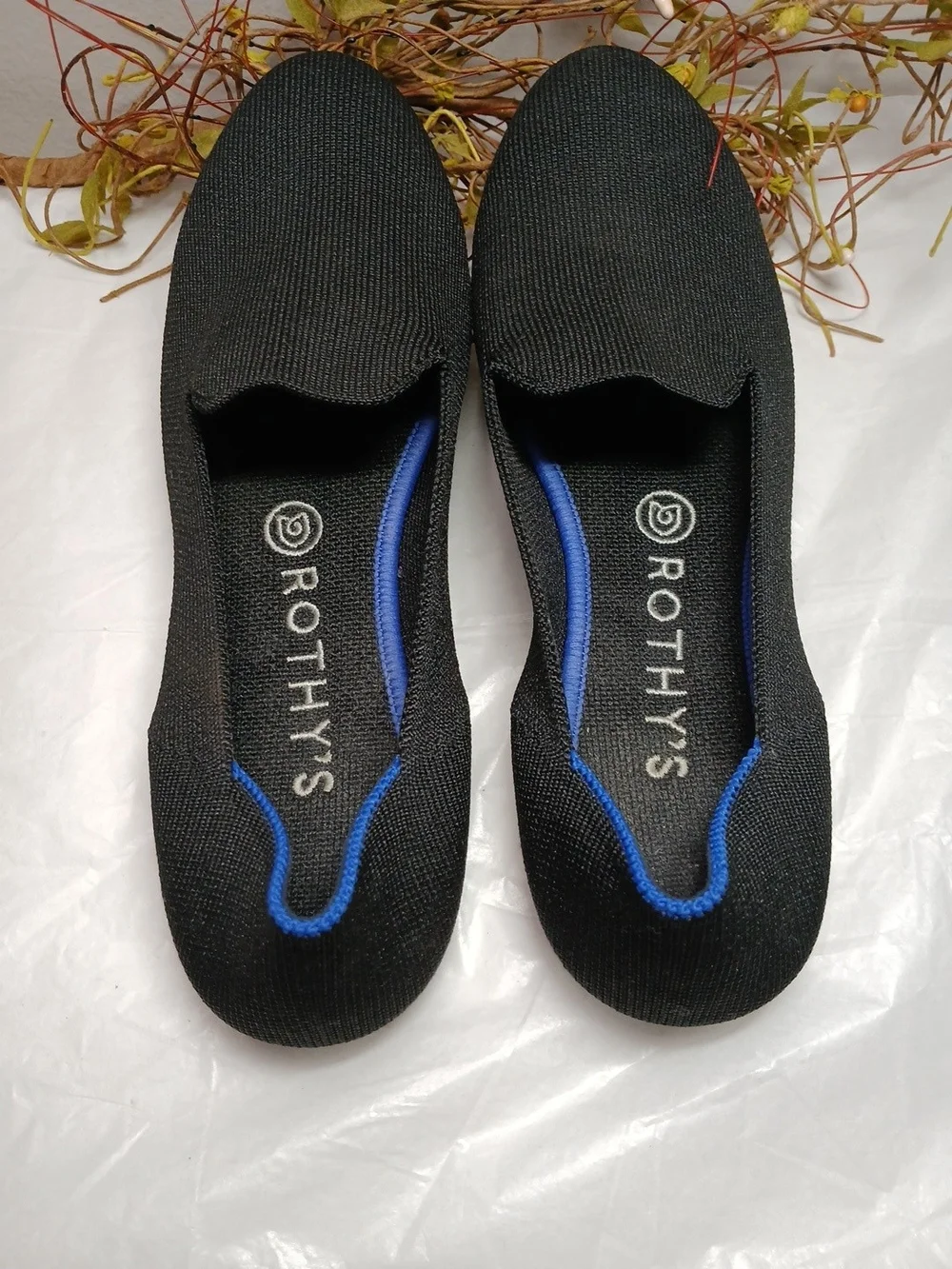 Rothy's Black Knit Slip-On Loafers with Blue Trim